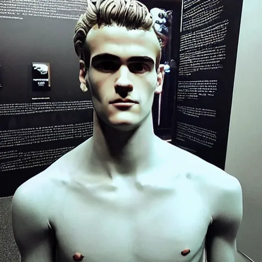 Image similar to “ a realistic detailed photo of a guy who is an attractive humanoid who is half robot and half humanoid, who is a male android, soccer player antoine griezmann, shiny skin, posing like a statue, blank stare, at the museum, on display ”