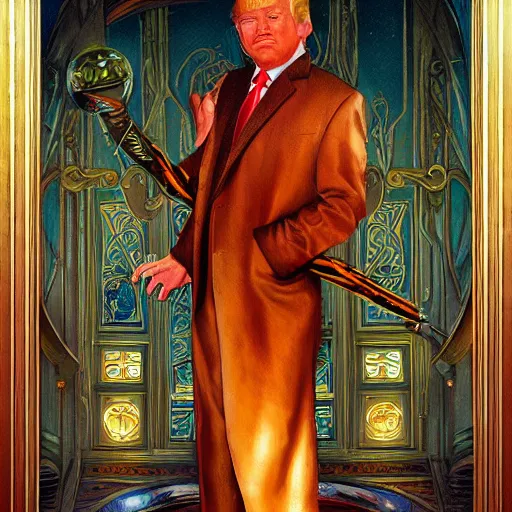 Prompt: an art nouveau painting of donald trump in the style of donato giancola, and in the style of charlie bowater, and in the style of claudio errico. symmetry, smooth, sharp focus, semi - realism, intricate detail.