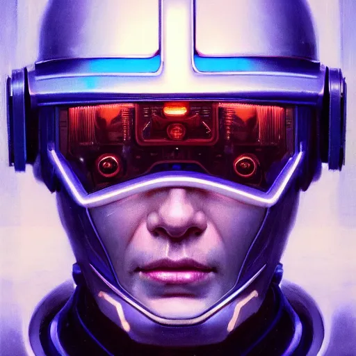 Image similar to robot with glowing blue single line visor as a realistic scifi cyberpunk knight, closeup portrait art by donato giancola and greg rutkowski, realistic face, digital art, trending on artstation, symmetry!!!