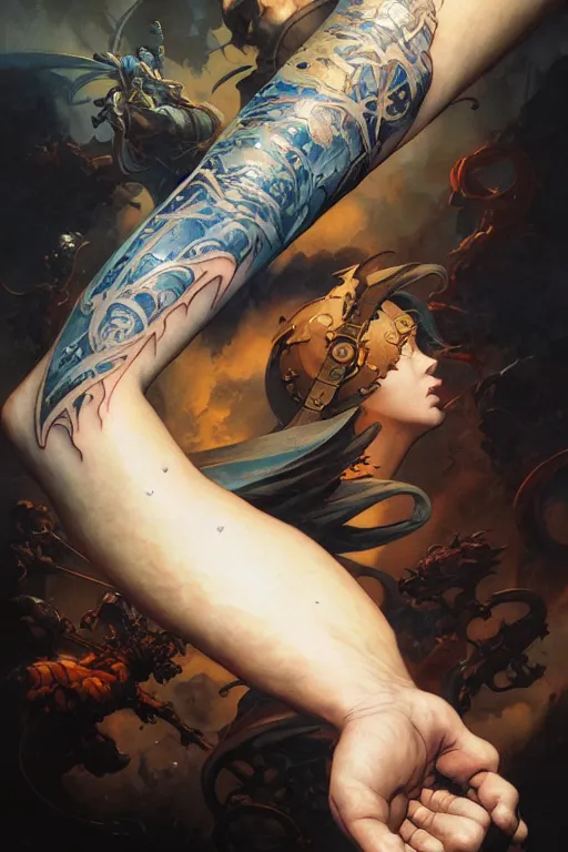 Image similar to arm sleeve tattoo design by peter mohrbacher and craig mullins and hiroshi yoshida and james jean and frank frazetta and michael whelan and andreas rocha