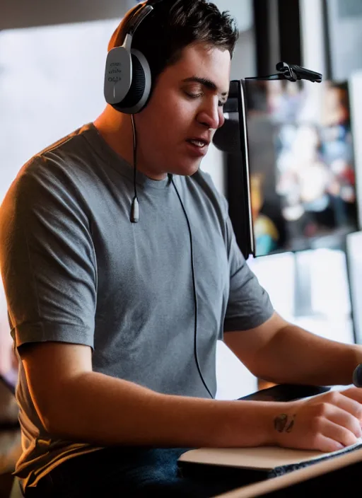 Image similar to photograph of aquinas recording a podcast wearing headphones 8k UHD detailed 85mm CANON EOS