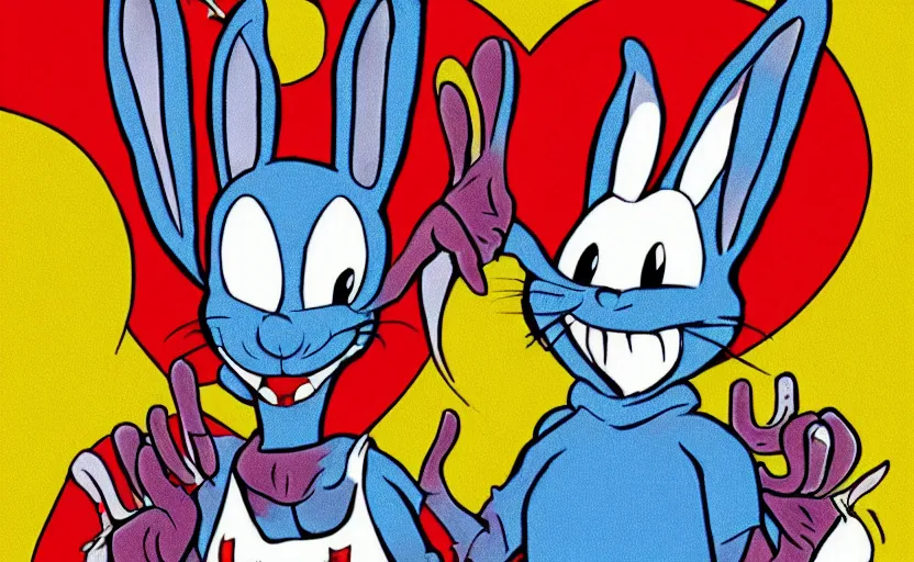 Prompt: Evil Bugs Bunny, Bad Acid Trip, Nightmare fuel, deceptive, conniving, wicked, uncomfortable crooked smile, wide eyed, stiff necked, stranger things by Pacman23
