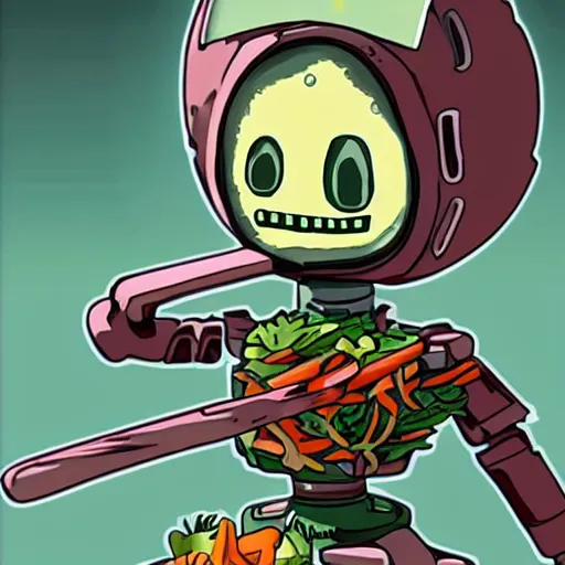 Image similar to robot made of vegetables with tomato head and a carrot sword, made in abyss style