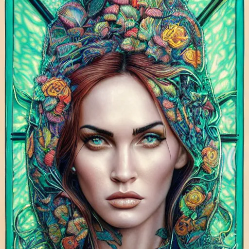 Image similar to portrait of megan fox, hyper detailed masterpiece, neon floral pattern, jean giraud, digital art painting, darkwave goth aesthetic, psychedelic, artgerm, donato giancola and tom bagshaw