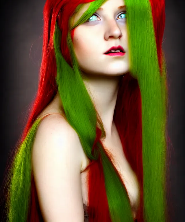 Image similar to Beautiful young woman, Fae, Fantasy, portrait, long red hair, green highlights