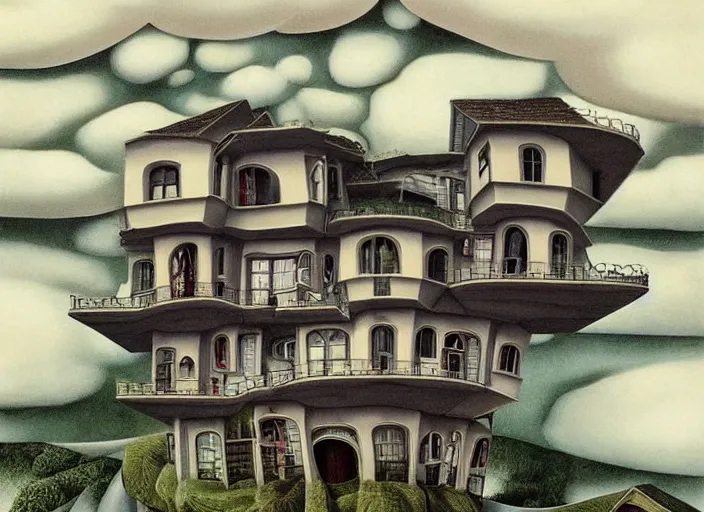 Image similar to a house built on a cloud, painting by mc escher, very detailed, illusion, surreal!!!, trending on artstation, beautiful color art