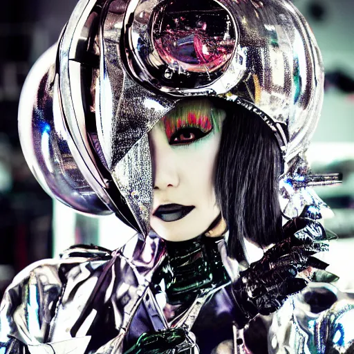 Prompt: close up of futuristic atompunk fashion model, official atsuko kudo secret editorial, highly detailed