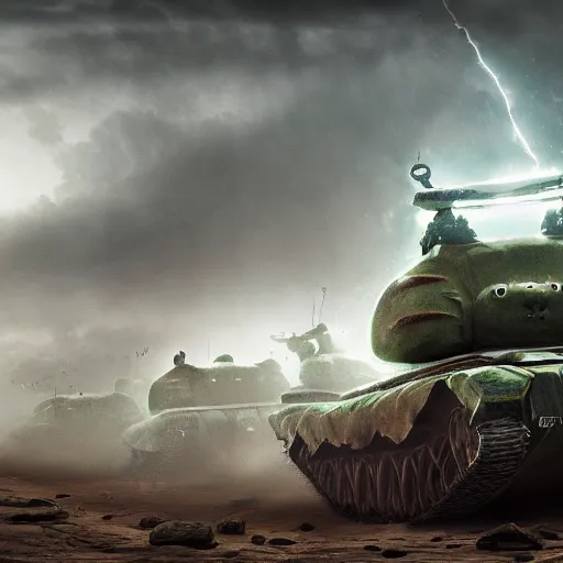 Image similar to an army of warrior horror frogs, driving tanks to war in swamp, cinematic lightning, artstation trending, matte painting, 8 k, octane, digital art