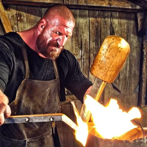 Prompt: triple h as blacksmith, medieval scene, creating his hammer!!!