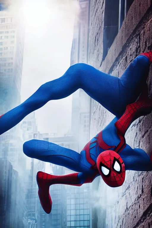 Image similar to blue spider-man, character poster, dramatic lighting, atmospheric dust, intense lens flare, city backdrop