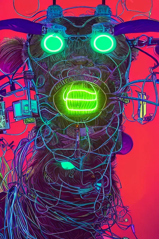 Prompt: stunning highly detailed portrait of an ugly old billy goat with cyber headgear surrounded by wires, neon colors, oil on canvas, strong lighting, by Josan Gonzalez, HD, 4K