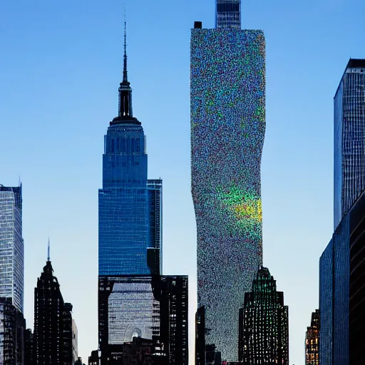 Image similar to buildings made of iridescent bubbles in the form of the new york skyline