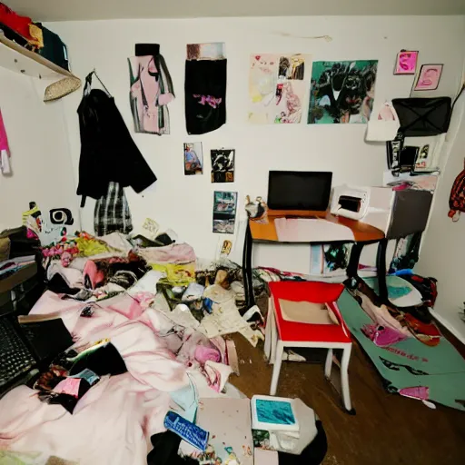 Prompt: a messy hikikomori neet bedroom, anime figurines, computers, trash, in the style of a kate spade campaign, studio lighting, grunge