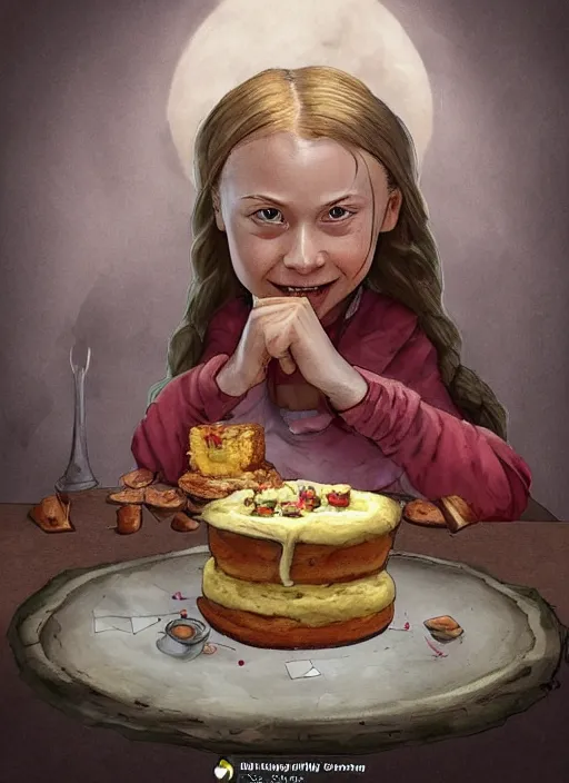 Prompt: greta thunberg as a medieval goblin eating cakes, detailed digital art, trending on Artstation