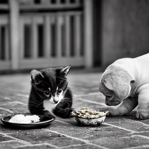 Prompt: photography of a puppie giving some food to baby cat, animal photography, award winning photography by Leonardo Espina