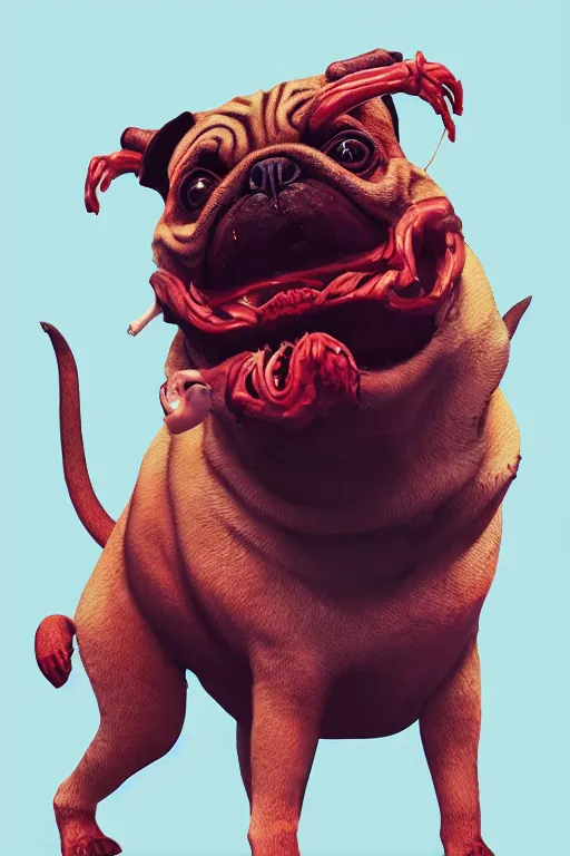 Image similar to demon pug eating flesh. art by mike winkelmann, sticker, illustration, highly detailed, artstation