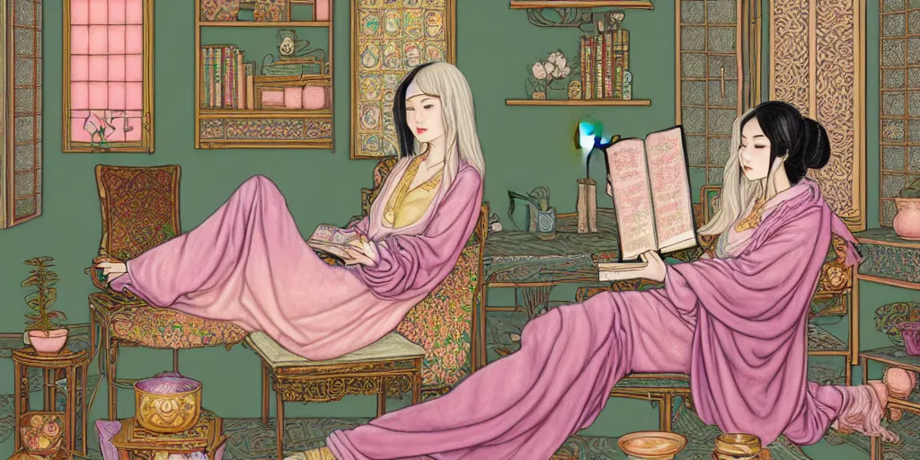 Prompt: a pastel drawing of a woman wizard, ornate clothing, lounging on a purpur pillow on the marbled checkered floor in her study room reading an ancient tome. to the side is a potted plant, moody candlelit raytracing. ancient oriental scifi fantasy setting. 4 k key art. by chie yoshii
