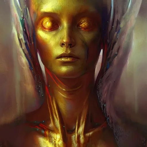 Prompt: an acrylic on canvas portrait painting of a beautiful alien priestess by Greg Rutkowski, Artgerm and Beksinski. Epic fantasy art. Golden ratio.