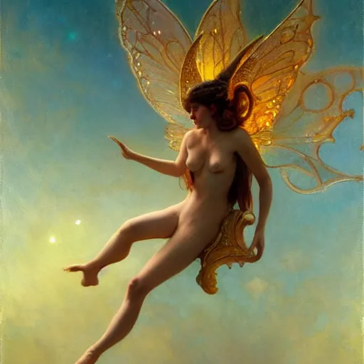 Image similar to attractive fairy magically floating high in the night, fantasy, full moon in background. highly detailed painting by gaston bussiere, craig mullins, j. c. leyendecker, sharp focus, 8 k