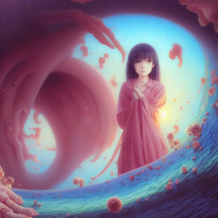 Image similar to Close up Mamimi Samejima Iwakura Lain, LSD Dream Emulator, paranoiascape ps1, official anime key media, Iwakura Lain, LSD Dream Emulator, paranoiascape ps1, official anime key media, painting by Vladimir Volegov, beksinski and dan mumford, giygas, technological rings, johfra bosschart