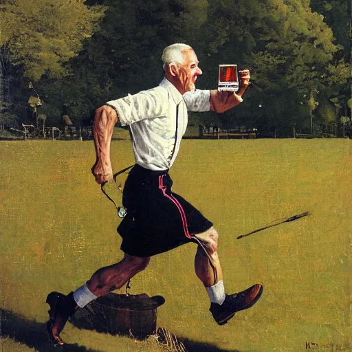 Prompt: a scottish man drinking whisky while running, very detailed, 8 k resolution in the style of norman rockwell