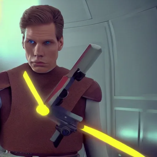 Prompt: Live Action Still of Jerma in A New Hope, real life, hyperrealistic, ultra realistic, realistic, highly detailed, epic, HD quality, 8k resolution, body and headshot, film still