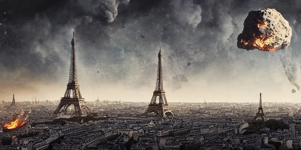 Image similar to the eifel tower gets hit by an asteroid, multiple asteroids are in the air, paris in the background is burning, apocalyptic, highly detailed, 4 k, digital paintin, sharp focus, tending on artstation