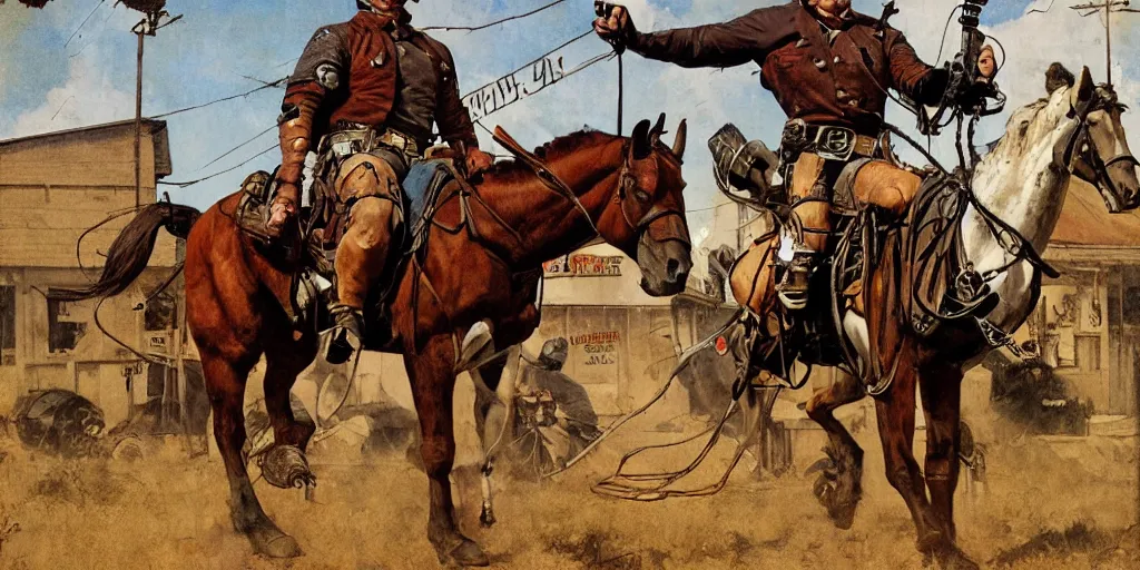 Image similar to Cyborg riding a horse in the wild west street. Norman Rockwell style. Ultra-high details.