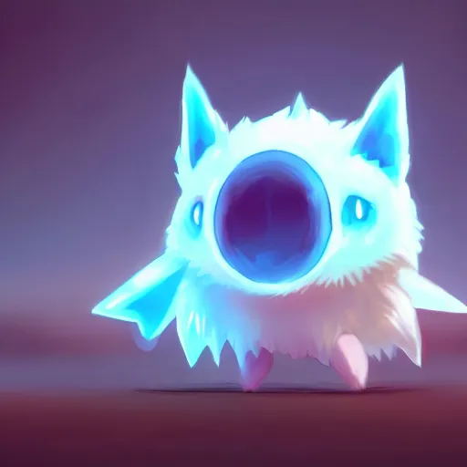 Image similar to translucent cute pokemon like pet with cute eyes, evil antagonist fantasy digital art, studio ghibli, clean cel - shaded vector art, style artstation, style greg rutkowski, octane render, unreal engine 6, epic game graphics, fantasy, conceptual art, ray tracing