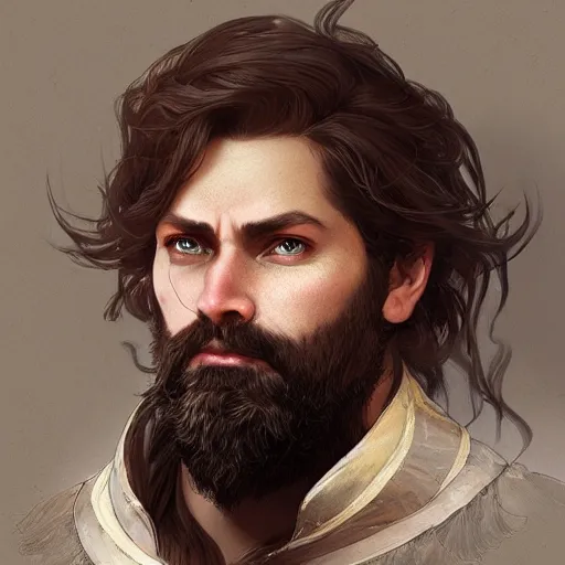 Prompt: portrait of a bearded male bard, D&D, fantasy, intricate, elegant, highly detailed, digital painting, artstation, concept art, smooth, sharp focus, illustration, art by artgerm and greg rutkowski and alphonse mucha