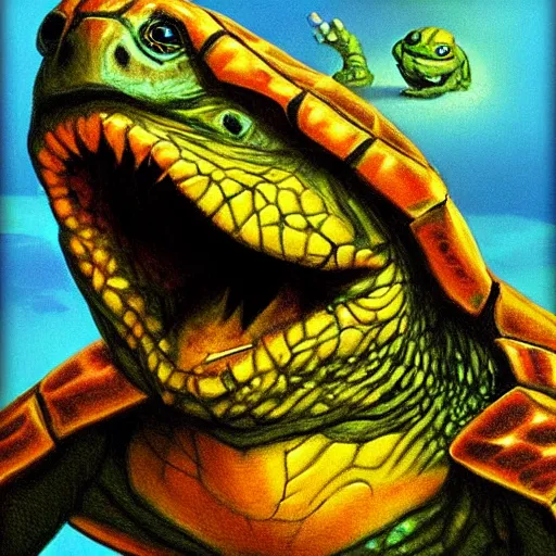 Image similar to a turtle monster ,chalk digital art, fantasy, magic, trending on artstation, ultra detailed, professional illustration by Basil Gogos