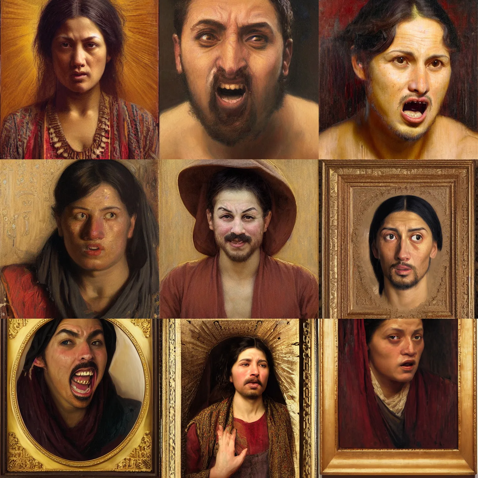 Image similar to orientalism terrified face portrait afraid mouth open by Edwin Longsden Long and Theodore Ralli and Nasreddine Dinet and Adam Styka, masterful intricate art. Oil on canvas, excellent lighting, high detail 8k