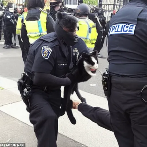 Image similar to A black cat being arrested by the police, with handcuffs being put on his paws