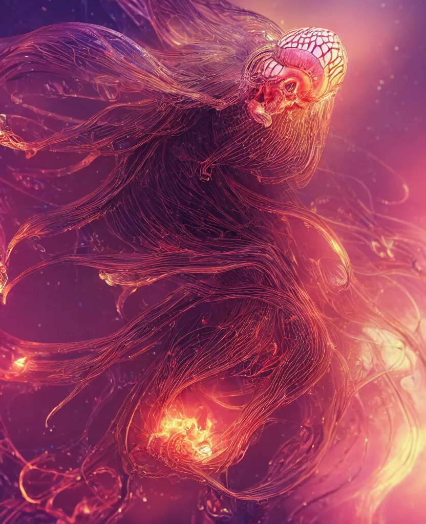 Image similar to close-up macro portrait of the face of a beautiful princess, epic angle and pose, symmetrical artwork, 3d with depth of field, blurred background, cybernetic jellyfish female face skull phoenix bird, translucent, nautilus, energy flows of water and fire. a highly detailed epic cinematic concept art CG render. made in Maya, Blender and Photoshop, octane render, excellent composition, cinematic dystopian brutalist atmosphere, dynamic dramatic cinematic lighting, aesthetic, very inspirational, arthouse. y Greg Rutkowski, Ilya Kuvshinov, WLOP, Stanley Artgerm Lau, Ruan Jia and Fenghua Zhong