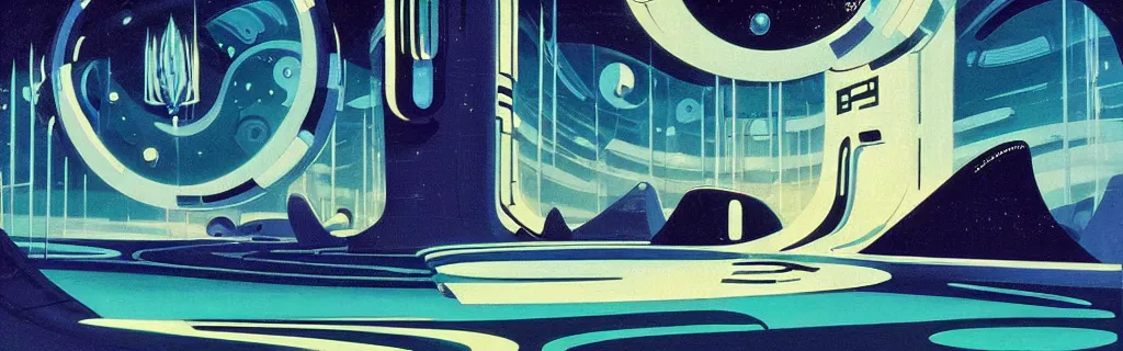 Image similar to 7 0 s sci - fi space station interior, retrofuturism, gouache, trees, animated film, stylised, illustration, by eyvind earle, scott wills, genndy tartakovski