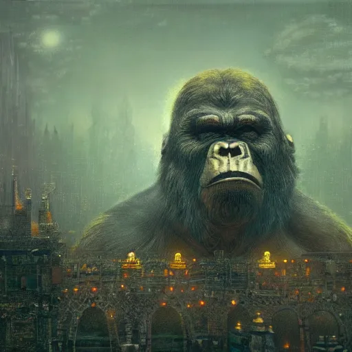 Prompt: King Kong in cinematic scene, fantasy art, in the style of John Atkinson Grimshaw, illustration, epic, fantasy, intricate, hyper detailed, artstation, concept art, smooth, sharp focus, ray tracing
