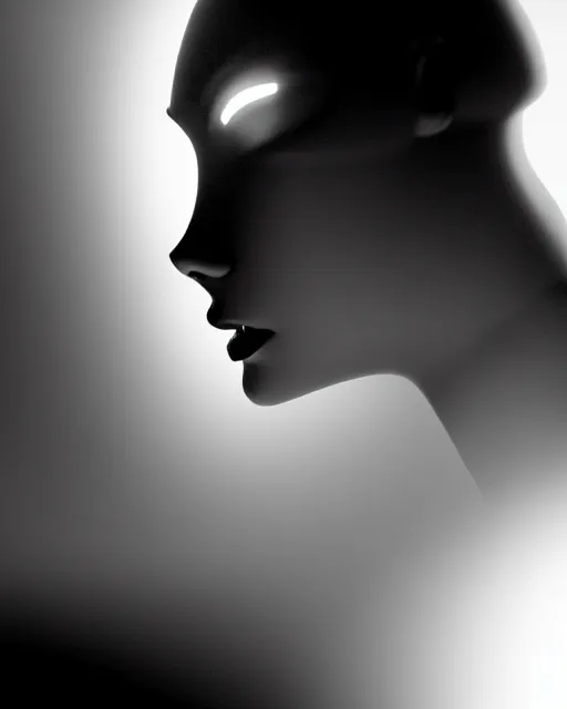 Image similar to black and white high quality photo of a beautiful female AI vegetal-cyborg looking into a sci-fi mirror, volumetric lighting, liminal space, brutalism, foggy, dreamy, hyperdetailed, bokeh, photorealistic, cinematic, masterpiece, elegant, dark, by Man Ray in the style of Horst P. Horst, octane render, 8K,