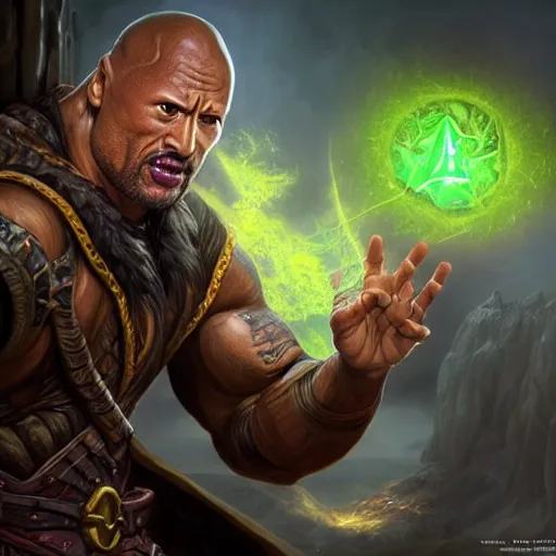 Prompt: closeup 2 8 mm dwayne johnson warlock casting a spell in a castle, d & d, fantasy, intricate, action pose, particle effects, highly detailed, digital painting, artstation, concept art, matte, sharp focus, volumetric lighting, illustration, hearthstone, art by artgerm, wlop, greg rutkowski and alphonse mucha