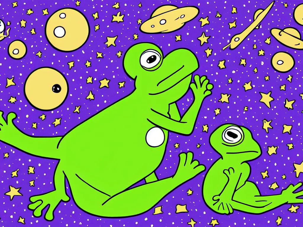 Image similar to happy pepe the frogs floating in space, cartoon illustration, detailed