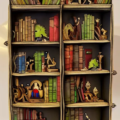 Prompt: enchanted bookshelves, in the style of colin thompson, highly detailed, playful fantasy.