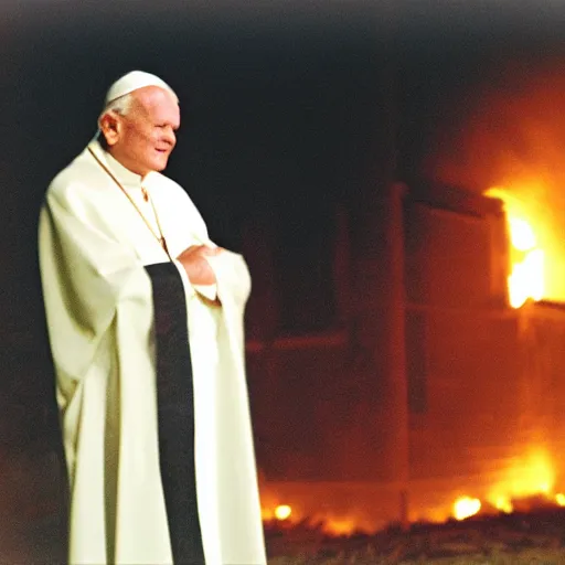 Image similar to photograph of john paul ii standing outside a small burning church with a glowing holy cross on its roof, night, black
