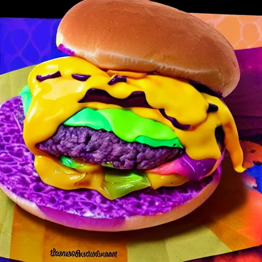 Image similar to a lisa frank cheeseburger