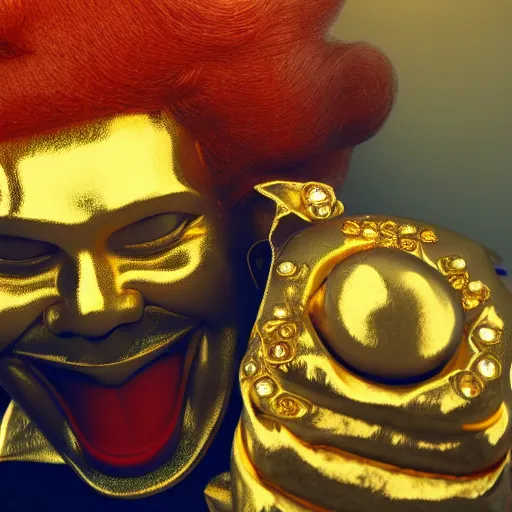 Image similar to a still of ronald mcdonald surrounded by gold and diamonds, award - winning, photograph, 3 d render, unreal engine, 4 k detailed