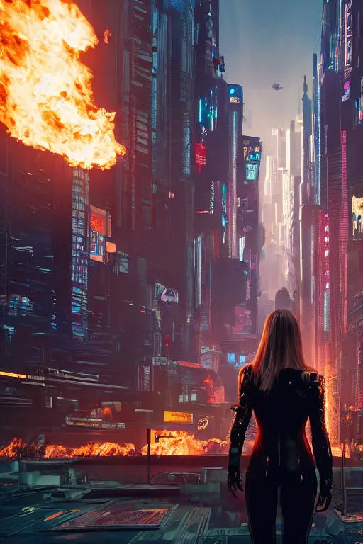 Image similar to in the foreground a cyberpunk city, in the background a beautiful young blonde woman from behind playing with flames coming out of her skin wearing a long matrix-style jacket, realistic, high definition, many details, dramatic scene, symmetrical face, realistic eyes , cyberpunk art 2077