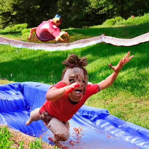 Prompt: person sliding through chocolate pudding head first, slip n slide, stock photography, no watermark