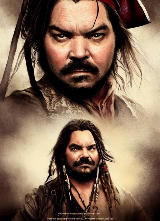 Image similar to a beautiful painting portrait movie poster of Matt Berry in Pirates of the Carribean 6, matte painting, fantasy art, dark but detailed digital art, highly detailed, a masterpiece trending on artstation. Matt Berry as a messy pirate and layabout in this HD preview poster