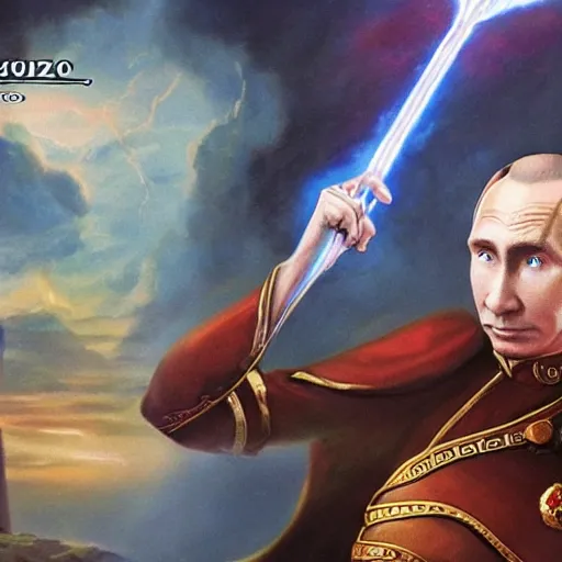 Image similar to a fully pictured magic the gathering card, depicting vladimir putin as a wizzard, 8 k