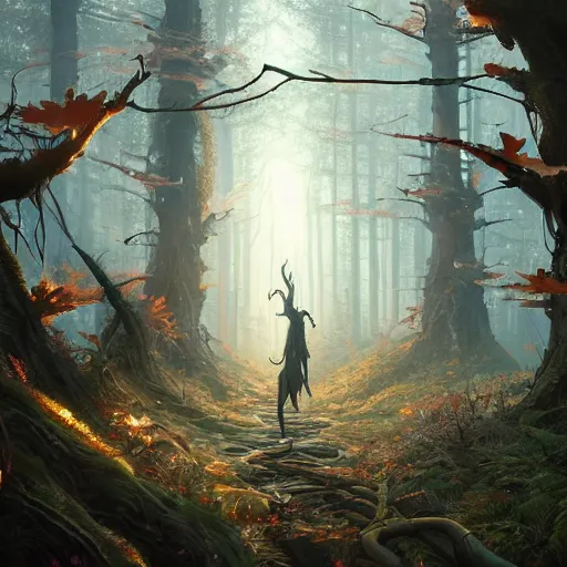 Image similar to highly detailed creepy forest creature with antlers, stephen bliss, unreal engine, fantasy art by greg rutkowski, loish, rhads, ferdinand knab, makoto shinkai and lois van baarle, ilya kuvshinov, rossdraws, tom bagshaw, global illumination, radiant light, detailed and intricate environment