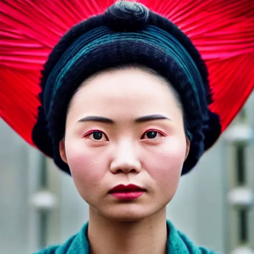 Image similar to closeup photo of a young chinese tribal woman in the style of rosie matheson in a film still of the grand budapest hotel ( 2 0 1 4 )