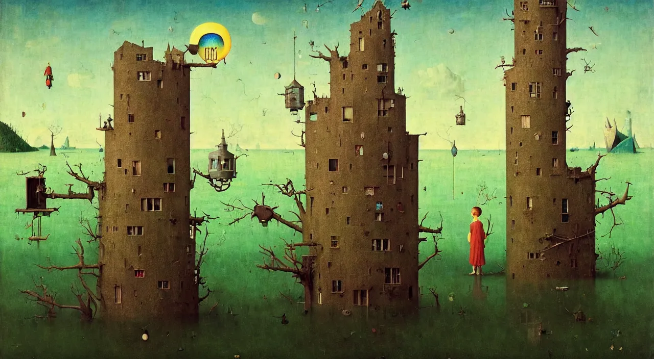 Image similar to single flooded simple!! mark ryden tower, very coherent and colorful high contrast masterpiece by norman rockwell franz sedlacek hieronymus bosch dean ellis simon stalenhag rene magritte gediminas pranckevicius, dark shadows, sunny day, hard lighting